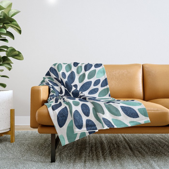 Flower Bloom, Aqua and Navy Throw Blanket Gallery Image 1