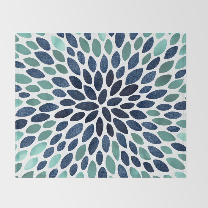Flower Bloom, Aqua and Navy Throw Blanket Gallery Image 2