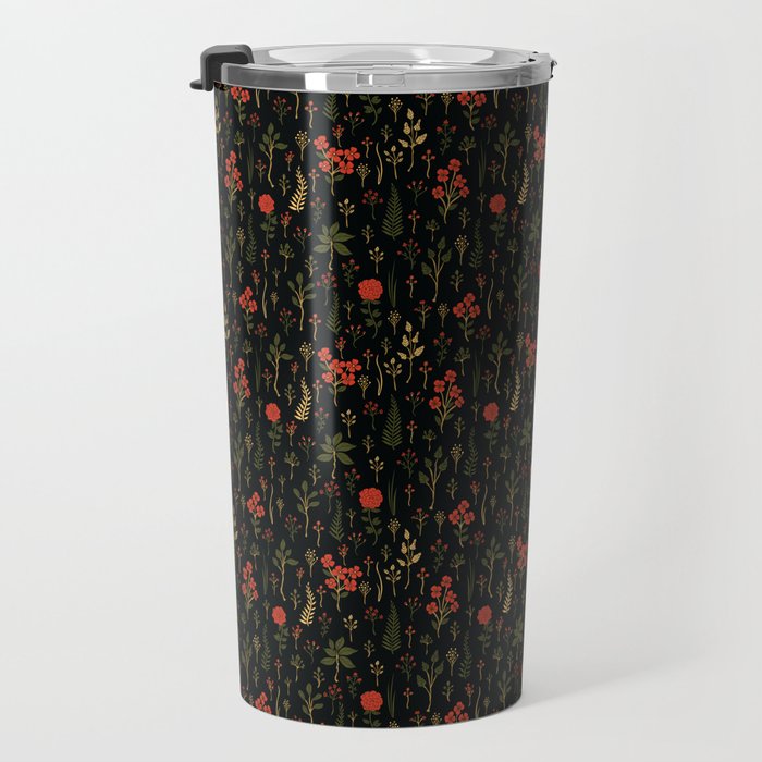 Green, Red-Orange, and Black Floral/Botanical Print Travel Mug Gallery Image 3