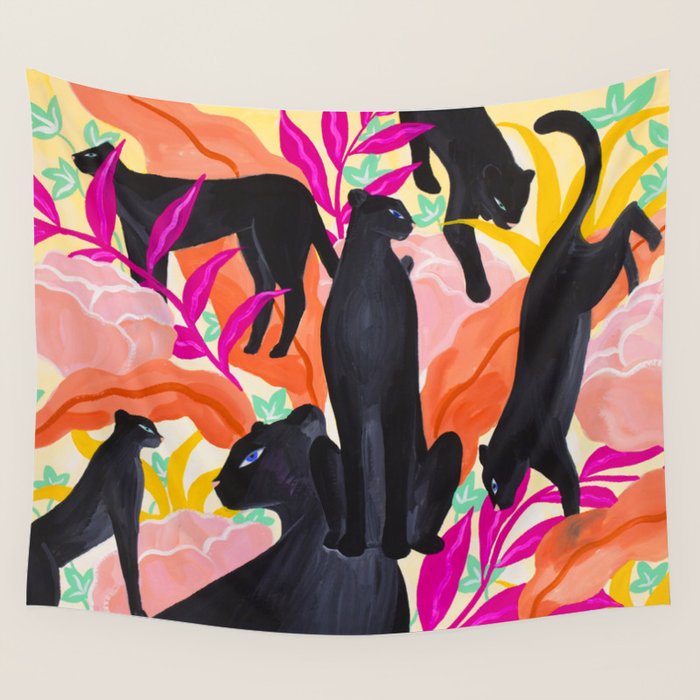 Black Panthers in Exotic Garden Wall Tapestry Gallery Image 1