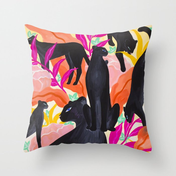 Black Panthers in Exotic Garden Throw Pillow Gallery Image 1