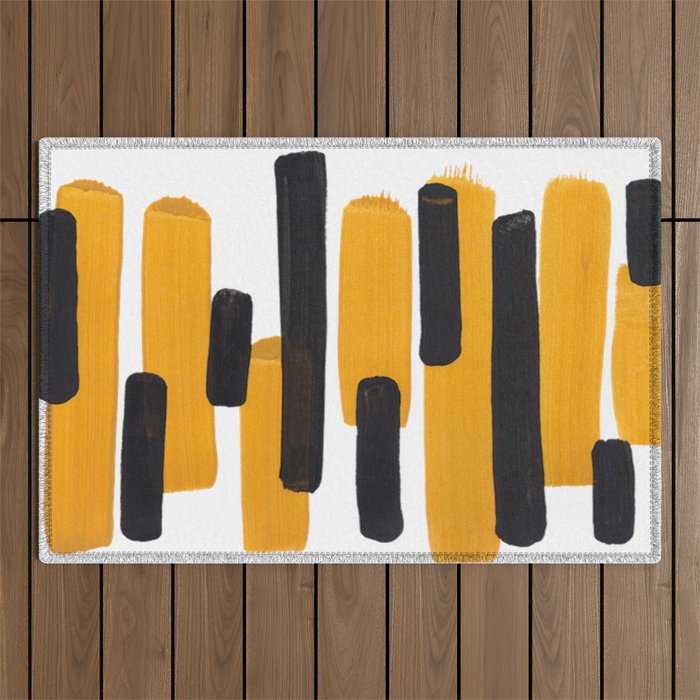 Mid Century Abstract Black & Yellow Fun Pattern Mustard Striped Primitive Stripes Outdoor Rug Gallery Image 1