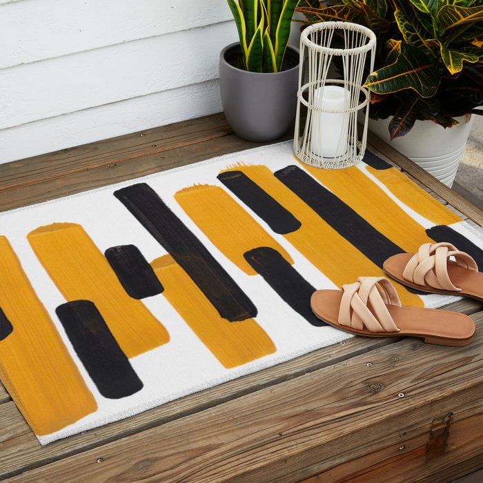 Mid Century Abstract Black & Yellow Fun Pattern Mustard Striped Primitive Stripes Outdoor Rug Gallery Image 2