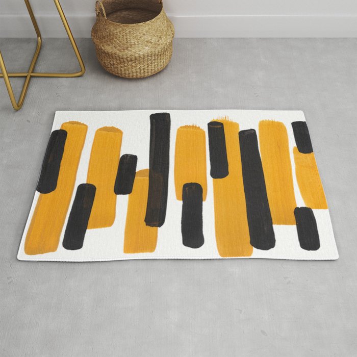 Mid Century Abstract Black & Yellow Fun Pattern Mustard Striped Primitive Stripes Rug Gallery Image 1