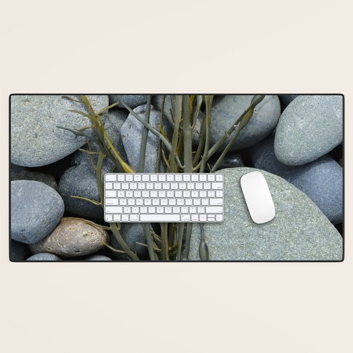 beach pebbles and seaweed - ocean art nature photograph maine Desk Mat Gallery Image 1