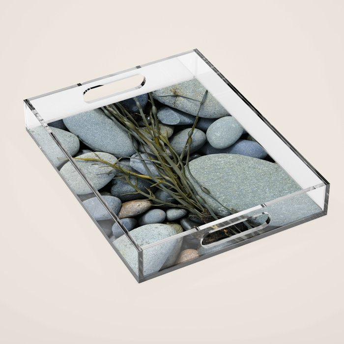 beach pebbles and seaweed - ocean art nature photograph maine Acrylic Tray Gallery Image 1