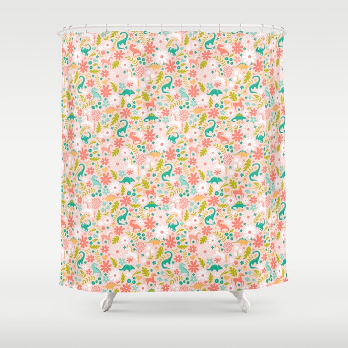 Dinosaurs + Unicorns in Pink + Teal Shower Curtain Gallery Image 1