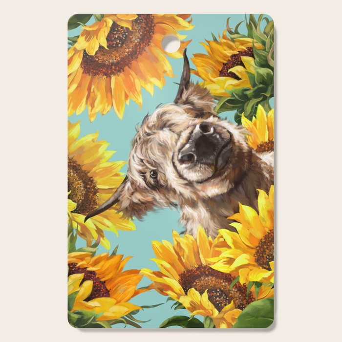 Highland Cow with Sunflowers in Blue Cutting Board Gallery Image 1