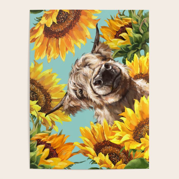 Highland Cow with Sunflowers in Blue Poster Gallery Image 4