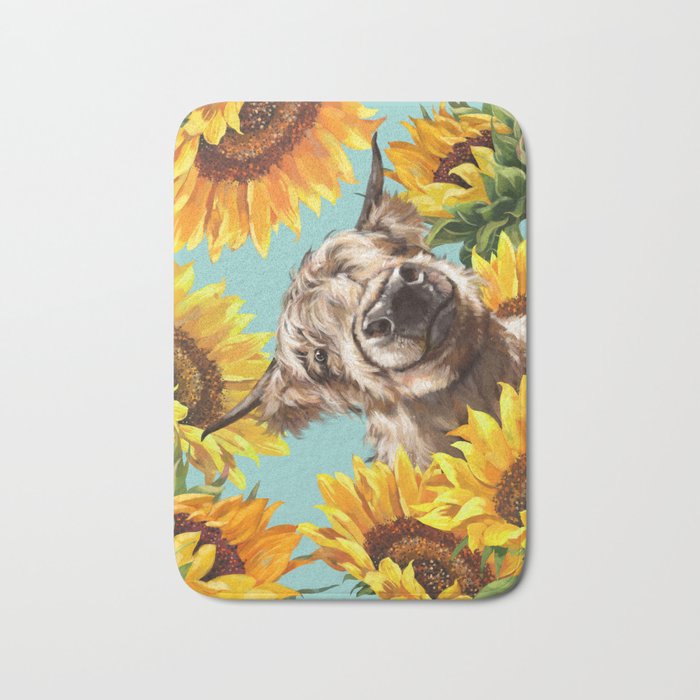 Highland Cow with Sunflowers in Blue Bath Mat Gallery Image 1