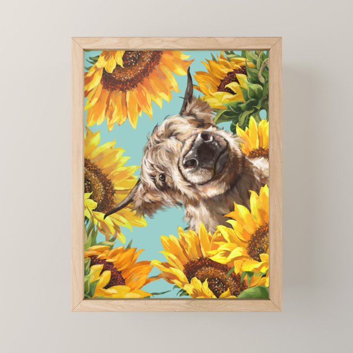 Highland Cow with Sunflowers in Blue Mini Art Print Gallery Image 1
