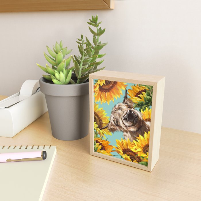 Highland Cow with Sunflowers in Blue Mini Art Print Gallery Image 2