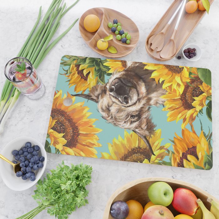 Highland Cow with Sunflowers in Blue Cutting Board Gallery Image 2