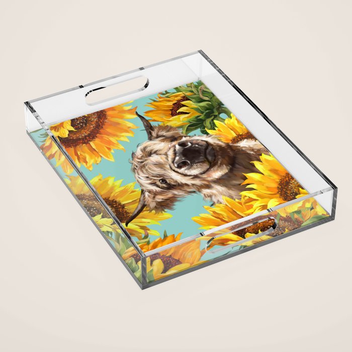 Highland Cow with Sunflowers in Blue Acrylic Tray Gallery Image 1