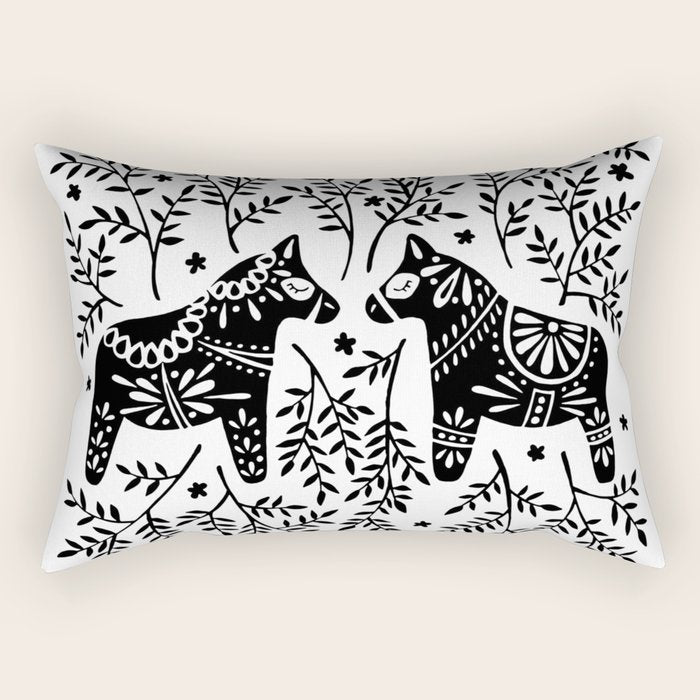 Swedish Dala Horses - Black Palette Rectangular Pillow Gallery Image 2