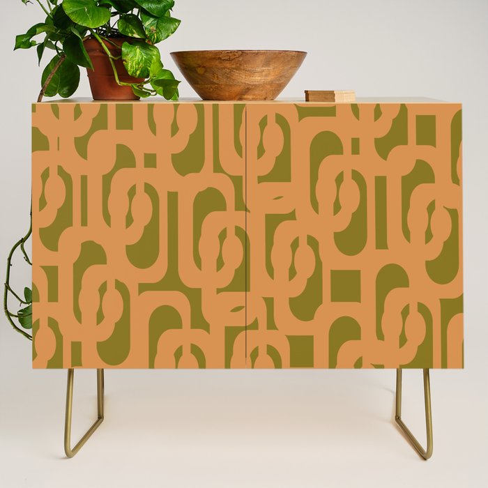 Mid Century Modern Loop Pattern in Vintage Avocado Olive Green and Cantaloupe Orange Credenza Gallery Image 1