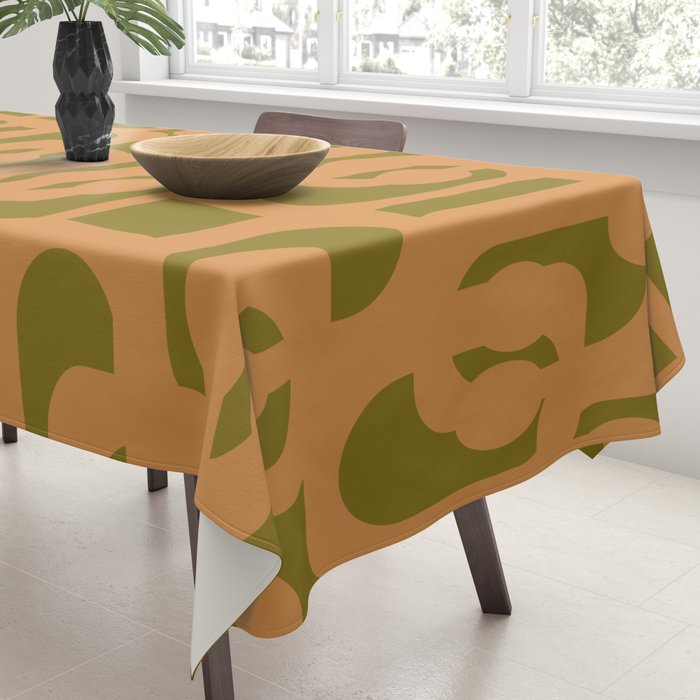 Mid Century Modern Loop Pattern in Vintage Avocado Olive Green and Cantaloupe Orange Tablecloth Gallery Image 3