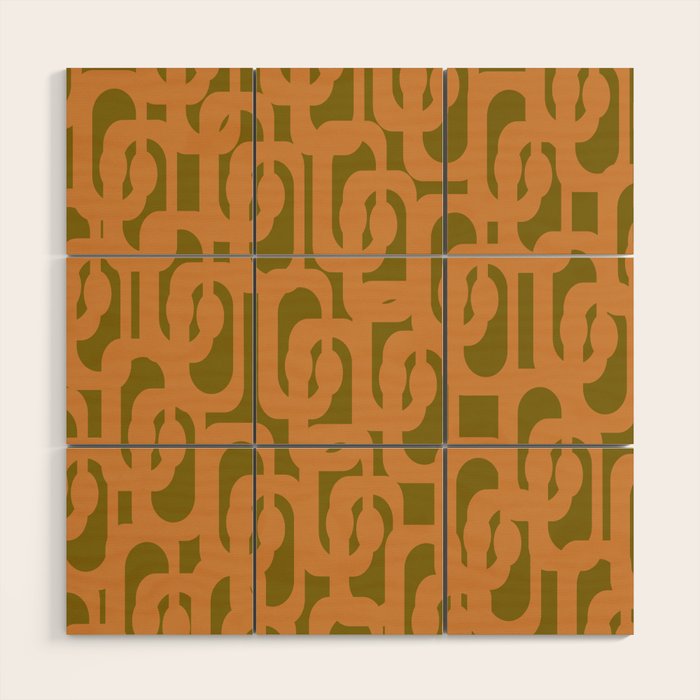Mid Century Modern Loop Pattern in Vintage Avocado Olive Green and Cantaloupe Orange Wood Wall Art Gallery Image 1