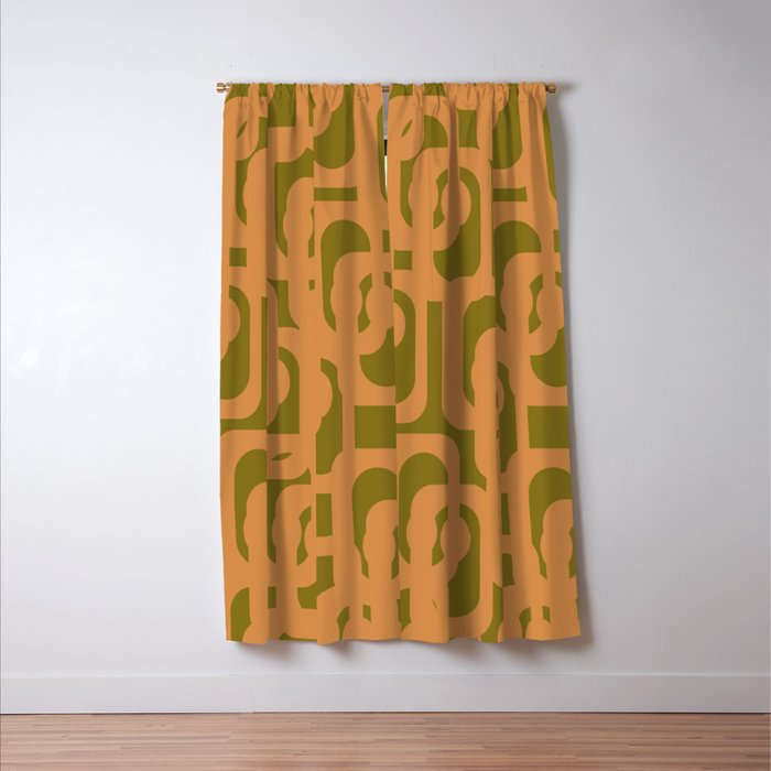 Mid Century Modern Loop Pattern in Vintage Avocado Olive Green and Cantaloupe Orange Window Curtain Gallery Image 3