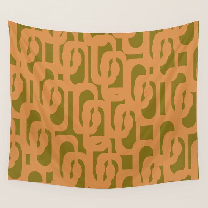 Mid Century Modern Loop Pattern in Vintage Avocado Olive Green and Cantaloupe Orange Wall Tapestry Gallery Image 1