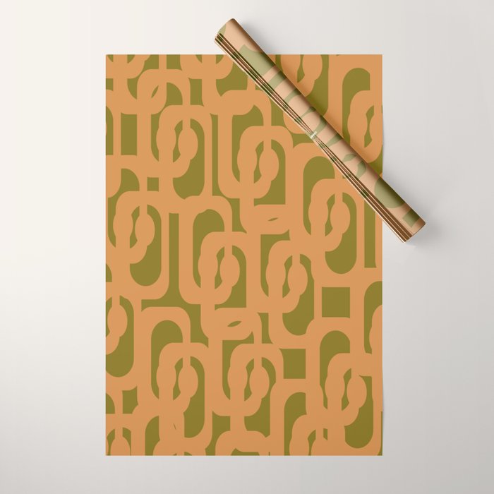 Mid Century Modern Loop Pattern in Vintage Avocado Olive Green and Cantaloupe Orange Wrapping Paper Gallery Image 1