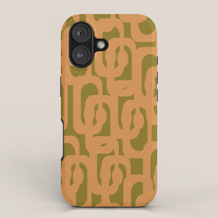 Mid Century Modern Loop Pattern in Vintage Avocado Olive Green and Cantaloupe Orange iPhone Case Gallery Image 1