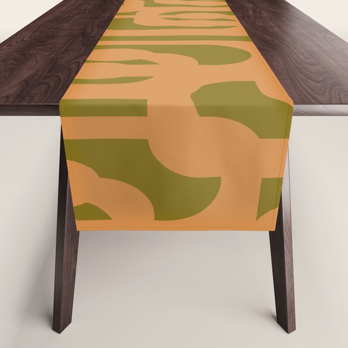 Mid Century Modern Loop Pattern in Vintage Avocado Olive Green and Cantaloupe Orange Table Runner Gallery Image 1