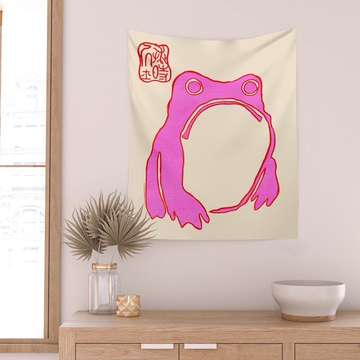 Pink Grumpy Frog Wall Tapestry Gallery Image 2