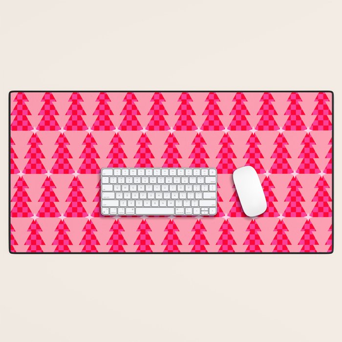 Christmas trees checkers pattern red and pink Desk Mat Gallery Image 1