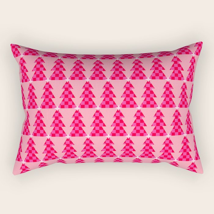 Christmas trees checkers pattern red and pink Rectangular Pillow Gallery Image 2