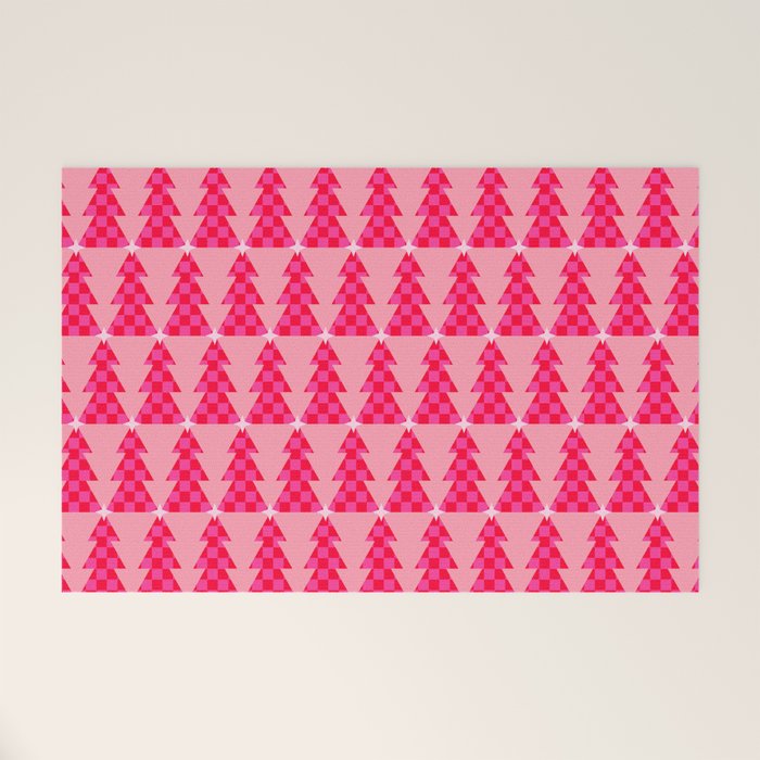 Christmas trees checkers pattern red and pink Welcome Mat Gallery Image 1