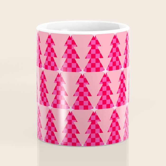 Christmas trees checkers pattern red and pink Coffee Mug Gallery Image 4