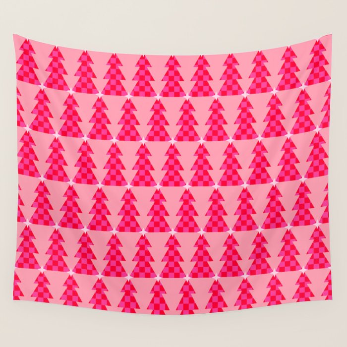 Christmas trees checkers pattern red and pink Wall Tapestry Gallery Image 4