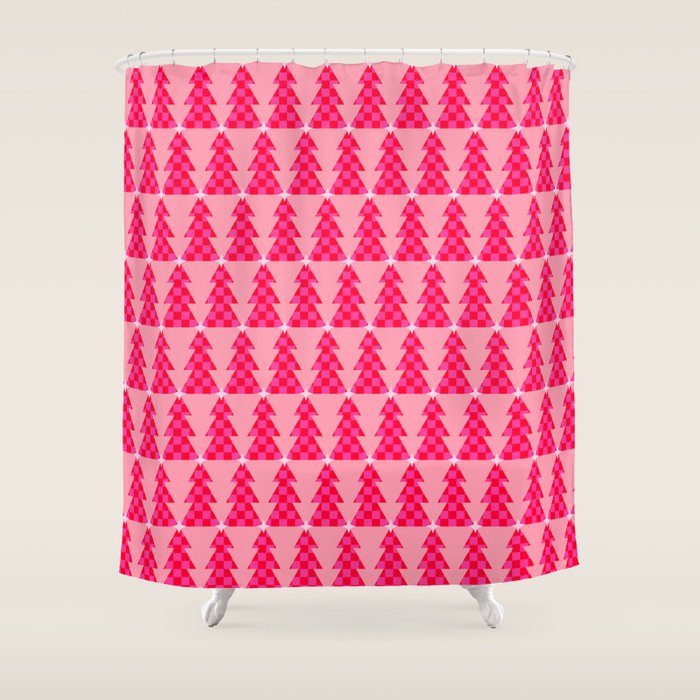 Christmas trees checkers pattern red and pink Shower Curtain Gallery Image 1