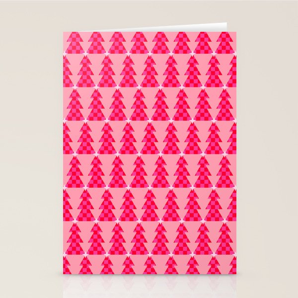 Christmas trees checkers pattern red and pink Stationery Card Gallery Image 2
