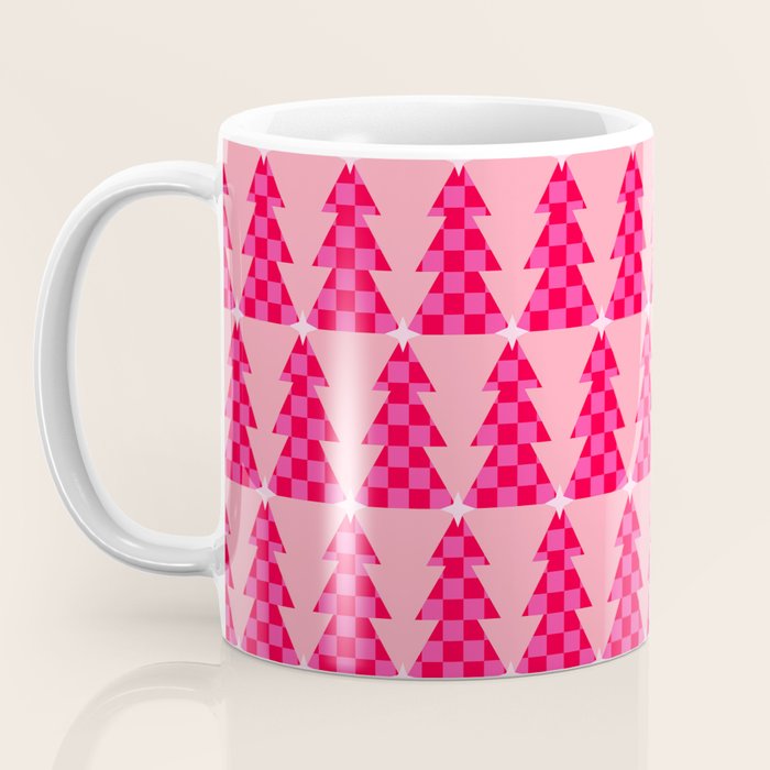 Christmas trees checkers pattern red and pink Coffee Mug Gallery Image 3