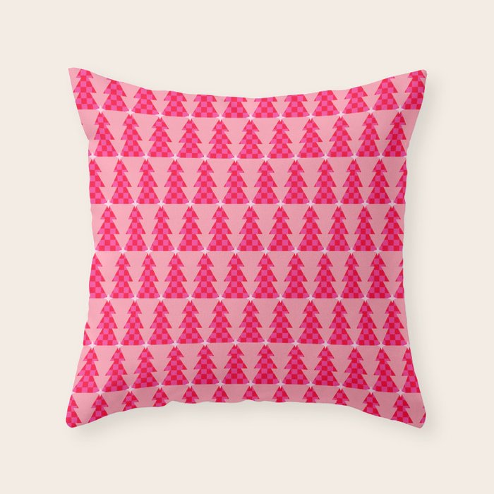 Christmas trees checkers pattern red and pink Throw Pillow Gallery Image 1