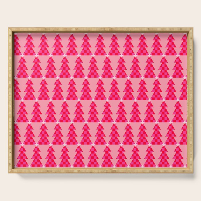 Christmas trees checkers pattern red and pink Serving Tray Gallery Image 1
