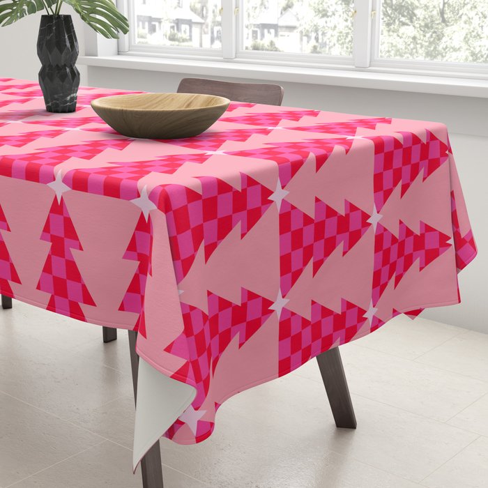 Christmas trees checkers pattern red and pink Tablecloth Gallery Image 3