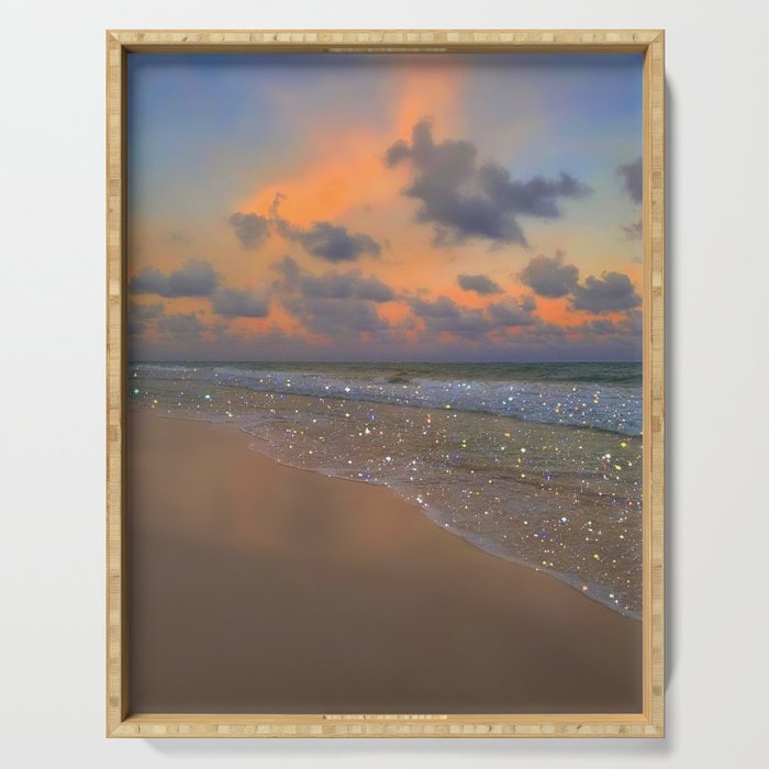 SHINY WAVES | ocean | sea | waves | glitter | collage | sunset | warm | summer | beach | sky Serving Tray Gallery Image 1
