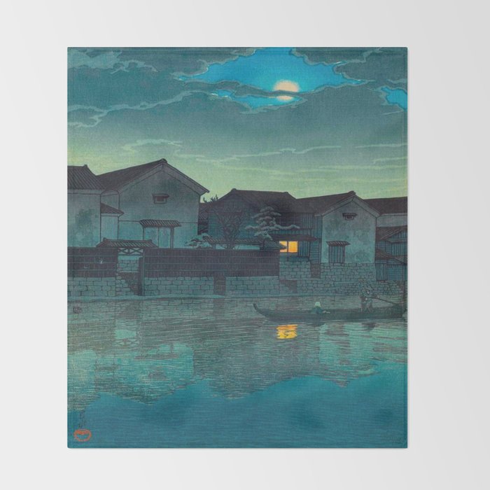 Kawase Hasui Vintage Japanese Woodblock Print Japanese Village Under Moonlight Cloudy Sky Throw Blanket Gallery Image 2