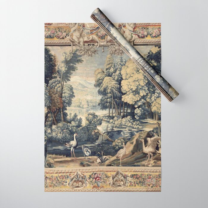 Antique 17th Century Verdure Bird Forest French Tapestry Wrapping Paper Gallery Image 1