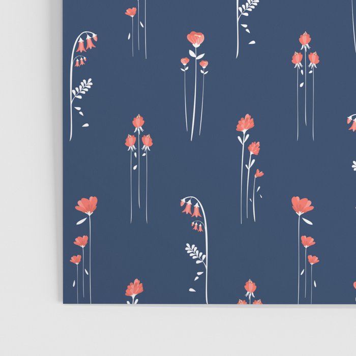 Retro Dark Flower Pattern in Modern Navy and Coral Poster Gallery Image 3