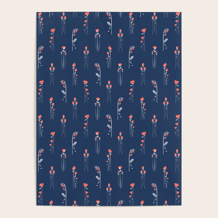 Retro Dark Flower Pattern in Modern Navy and Coral Poster Gallery Image 4