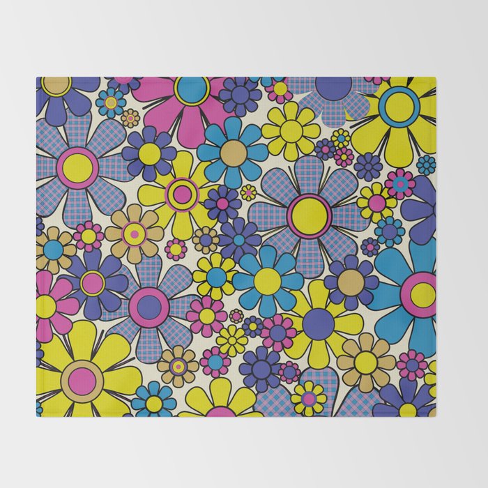 Retro Garden Groovy Maximalist Gingham Flowers 60s 70s Floral Pattern Throw Blanket Gallery Image 2
