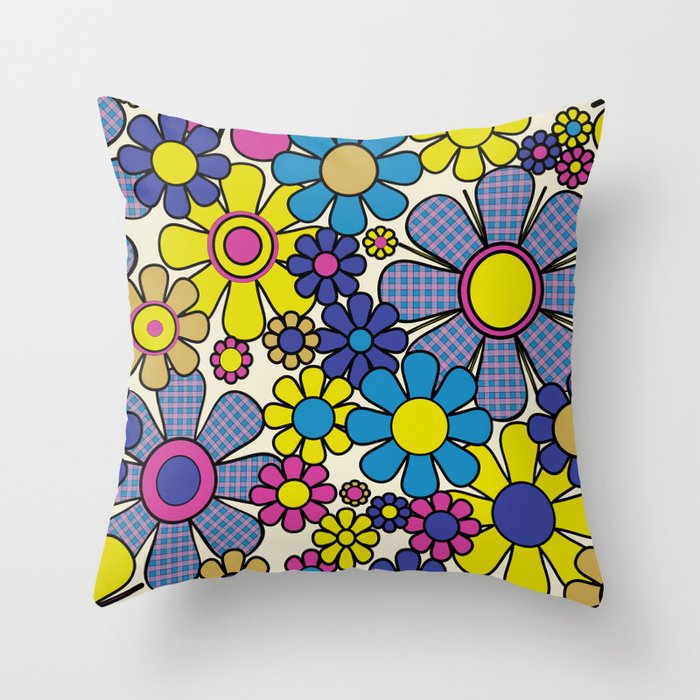 Retro Garden Groovy Maximalist Gingham Flowers 60s 70s Floral Pattern Throw Pillow Gallery Image 6