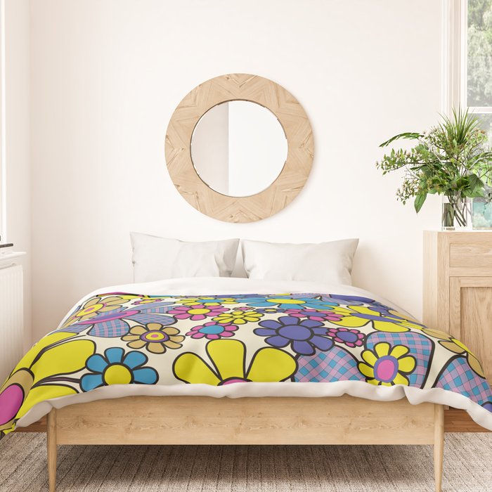 Retro Garden Groovy Maximalist Gingham Flowers 60s 70s Floral Pattern Duvet Cover Gallery Image 3