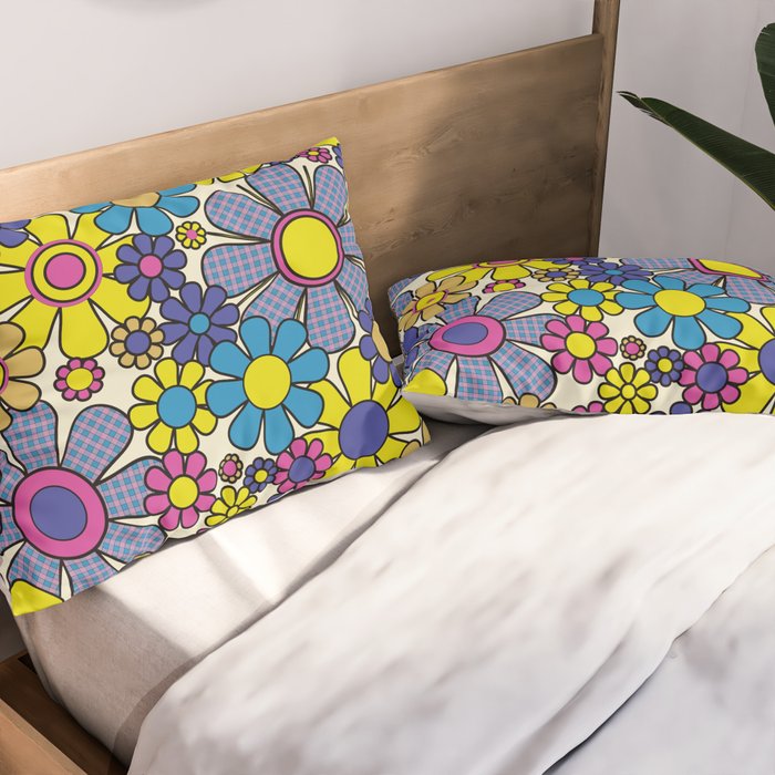Retro Garden Groovy Maximalist Gingham Flowers 60s 70s Floral Pattern Pillow Sham Gallery Image 2