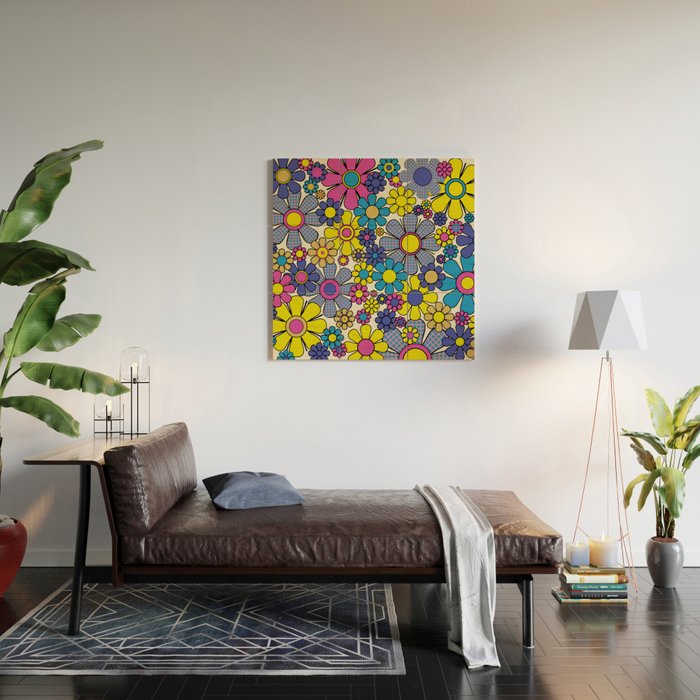 Retro Garden Groovy Maximalist Gingham Flowers 60s 70s Floral Pattern Wood Wall Art Gallery Image 2