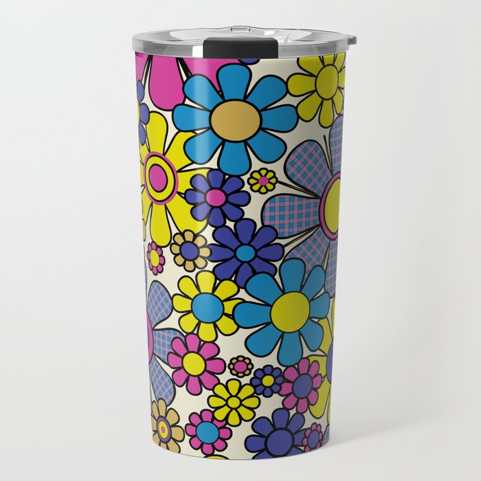 Retro Garden Groovy Maximalist Gingham Flowers 60s 70s Floral Pattern Travel Mug Gallery Image 1
